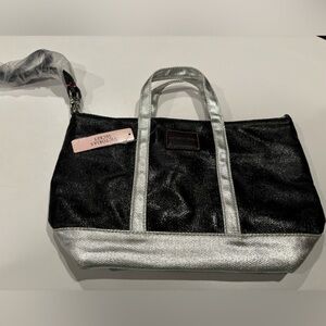 Victoria’s Secret NEW Tote Bag With Adjustable Detachable Strap Black Silver